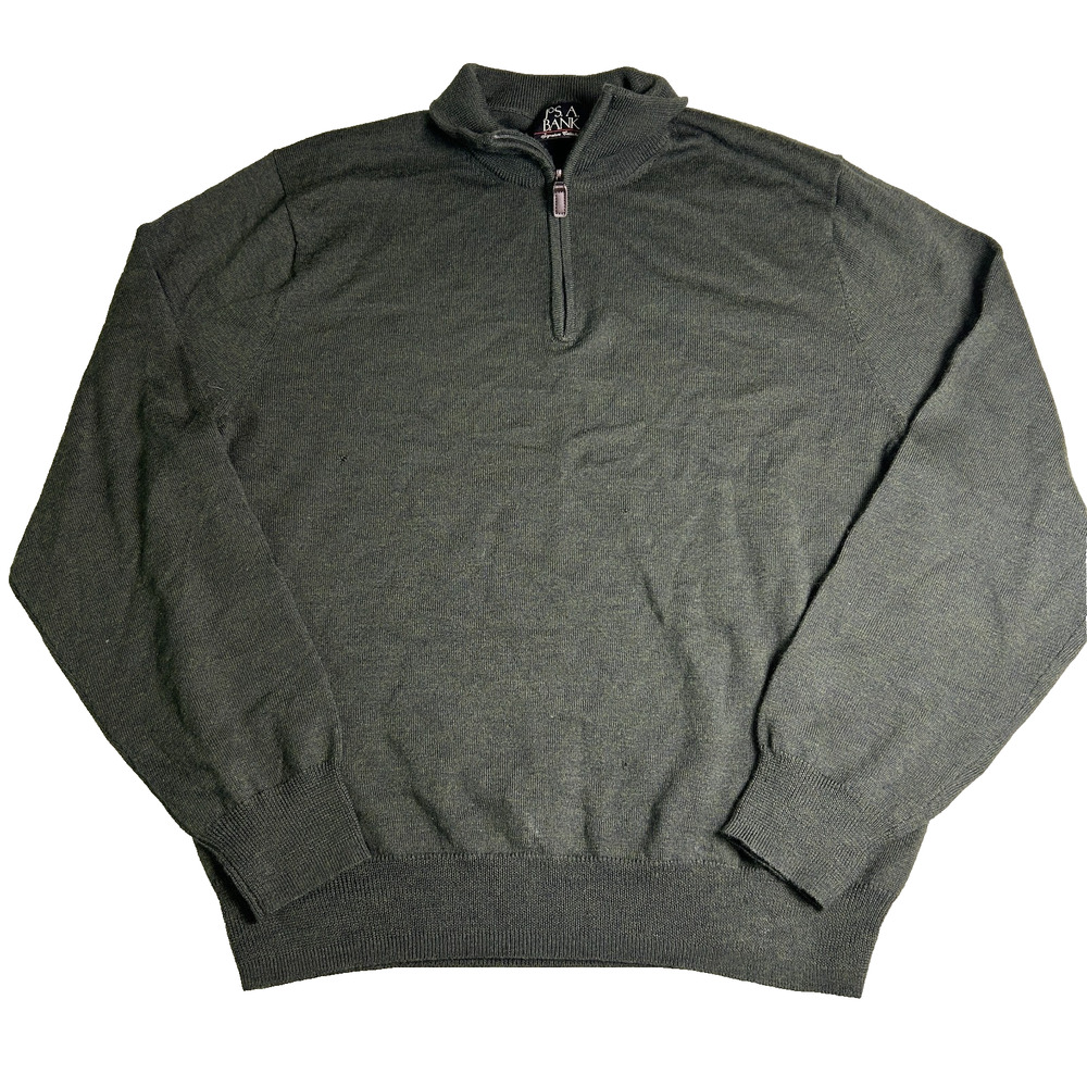 Jos A Bank Signature 1/4 Zip Sweater Mens Large Green 100% Merino Wool Pullover